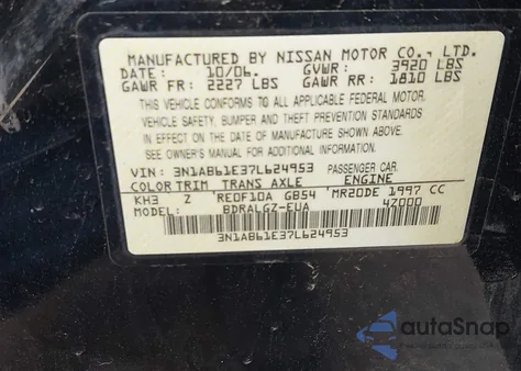 2007 Nissan Sentra 2.0Sl from USA, damaged, VIN 3N1AB61E37L624953